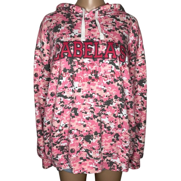 Cabela’s Pink Camouflage Embroidered Logo Long Sleeve Pullover Sweatshirt Hoodie - Picture 1 of 6
